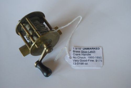 1 9/16 UNMARKED Brass Stop-latch reel. 1 1/4 in. pillars; 3 1/4 oz. No Check; Wood knob on crank handle; with olive & black braided line. Circa 1850-1890.